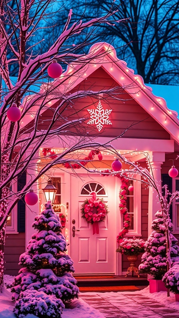 Outdoor Christmas decorations with pink lights, ornaments, and wreaths in a snowy setting.
